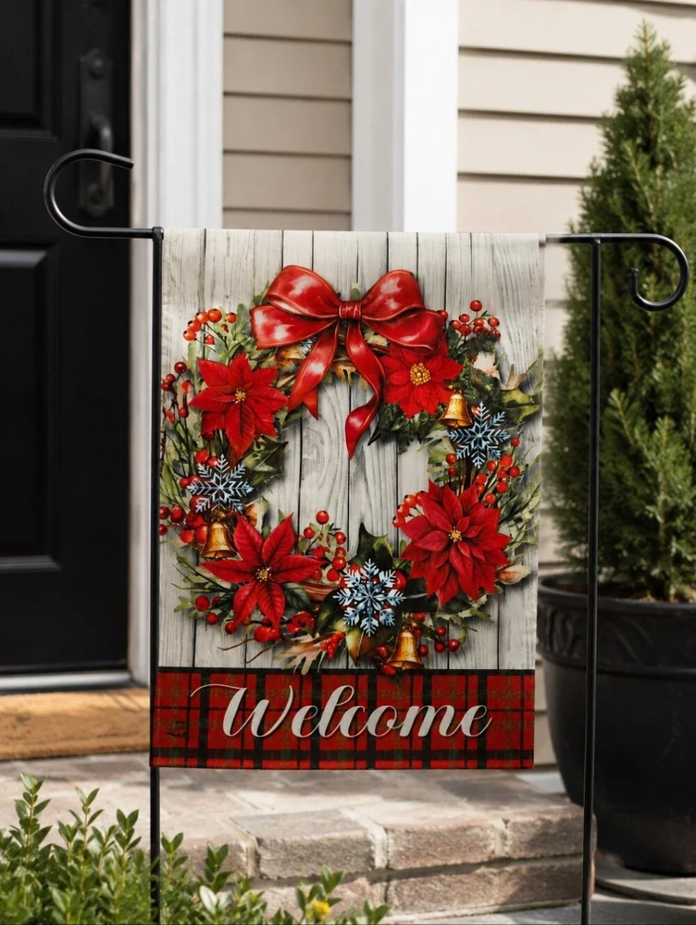 ChristmasWelcome Holiday Wreath Garden Flag - Red Poinsettia Design